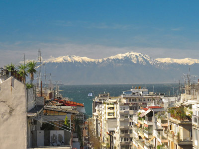 Thessaloniki: Blick vom Park-Hotel über den Thermaischen Golf auf den Olymp